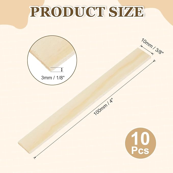 MECCANIXITY 10Pcs Wood Strips Slats, 1/8" x 3/8" x 4" Thin Wood Sticks Flat