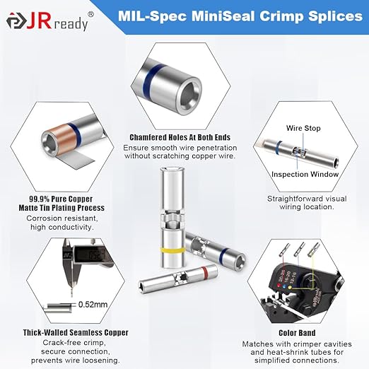JRready ST6488-12-100 M81824/1 Series Waterproof Heat-Shrinkable Splice Kit 100Sets Butt Crimp Splices16-12AWG with PVDF Tubes Butt Splice Connectors with ACT-232 Crimp Tool G411 Go-No Go Gauge