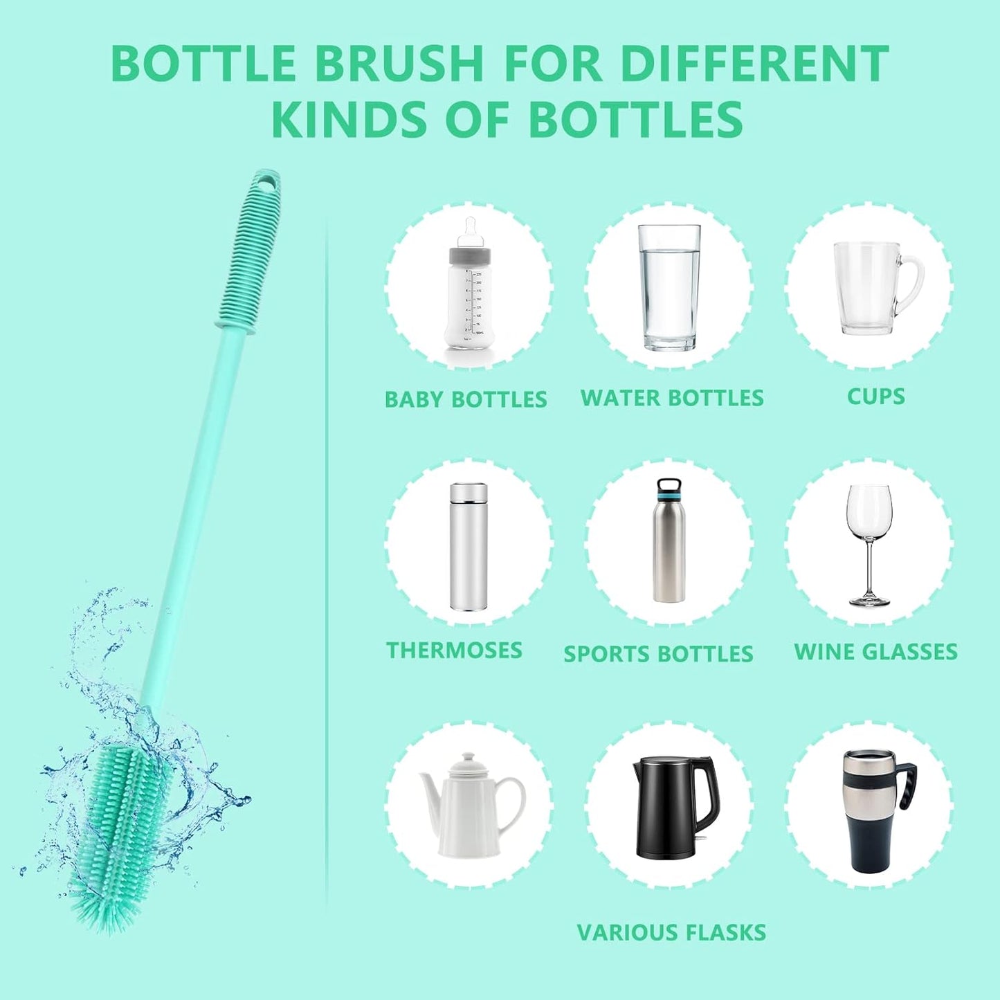 Silicone Bottle Cleaning Brush | 2 Pack| 15.7”+12.6” Water Bottle Brush Cleaner Brush for Hydro Flask,Glassware,Vacuum Sports Bottle&Vases,Water Bottle Cleaner Brush for Narrow Neck Containers