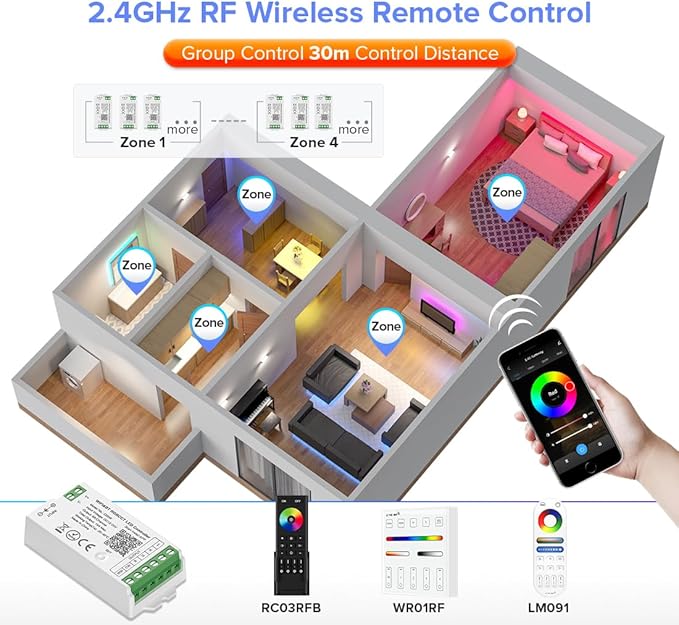 BTF-LIGHTING C05W RGBCCT PWM SMD FCOB (+ R G B C W) 6PIN LED Strip 2.4GHz Tuya WiFi Group Controller Alexa Google Home Control Match with WR01RF RC03RFB RC04RFB RC05RFB Remote