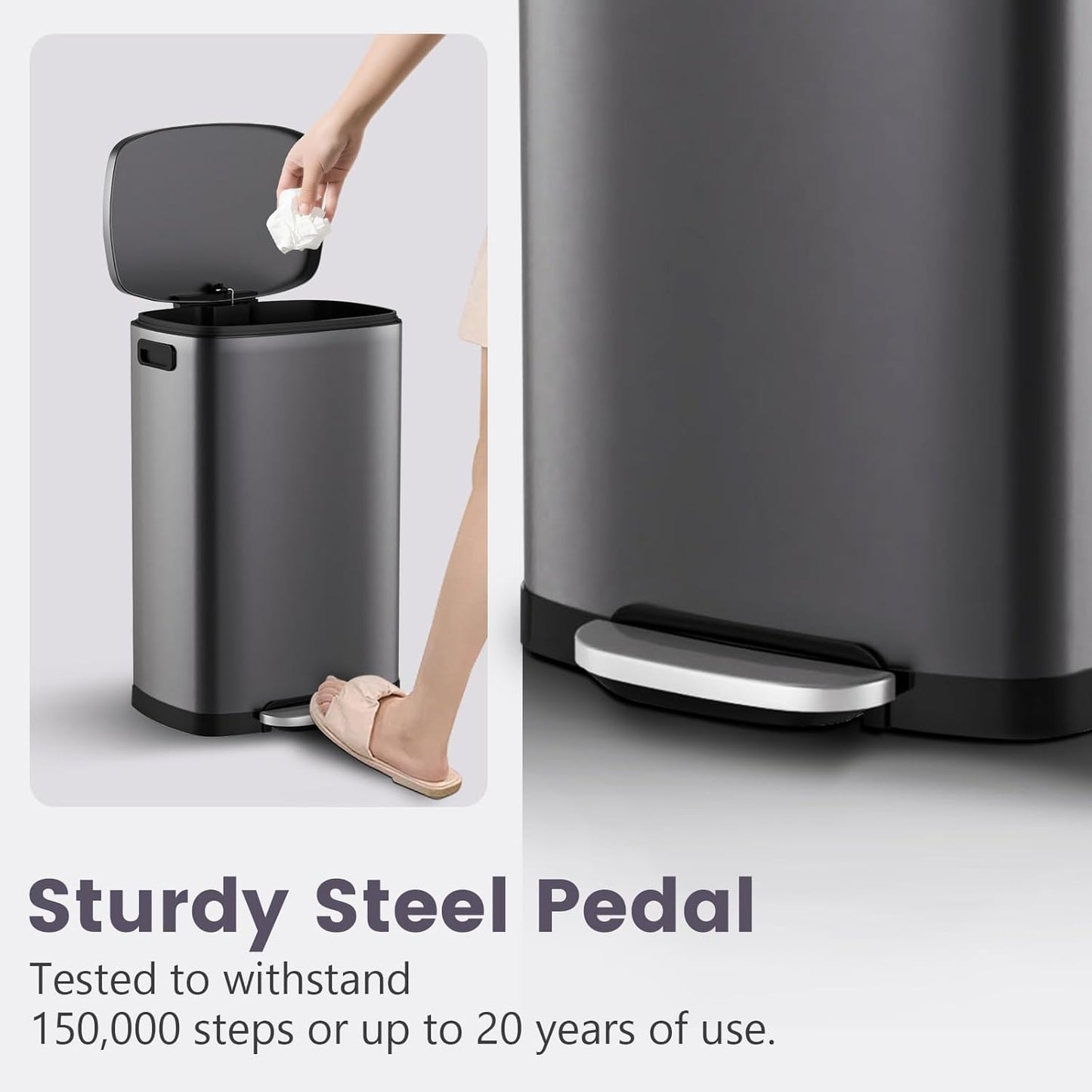 ELPHECO Kitchen Trash Can with Lid Soft Close, 13 Gallon / 50L Stainless Steel Pedal Garbage Can, Heavy-Duty Step Wastebasket with 20 Bags, Removable Bucket, Home Office, Titanium Black