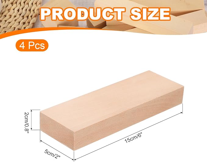 MECCANIXITY 4Pcs Basswood Carving Block, 0.8"x2"x6" Square Wooden Dowels Blocks