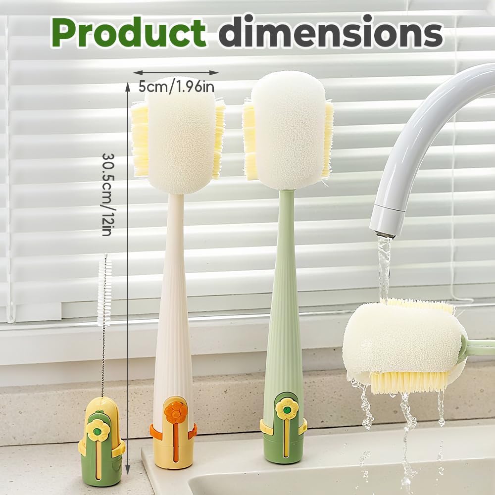 5 in 1 Bottle Cleaning Brush Set, 2025 Multifunctional Lid Brush Cleaning Tool Kitchen, Portable Long Handle Bottles Scrubber for Cup Lids, Hard Bristle Sponge Head Bottle Brushes (White)
