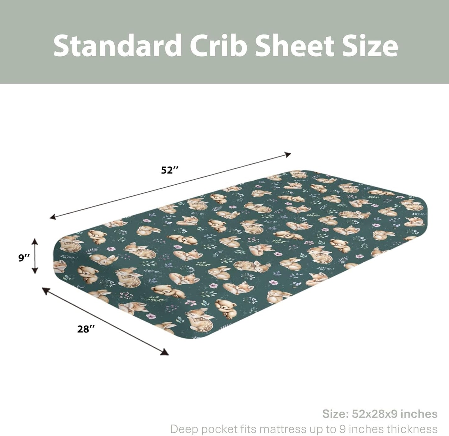 Sleeping Spring Animals Baby Crib Sheets Boy Girl 28"x52" Bear Deer Bunny Floral Leaves Soft Snug Fitted Crib Mattress Cover Cute Animals Baby Sheet for Standard Crib & Toddler Mattress