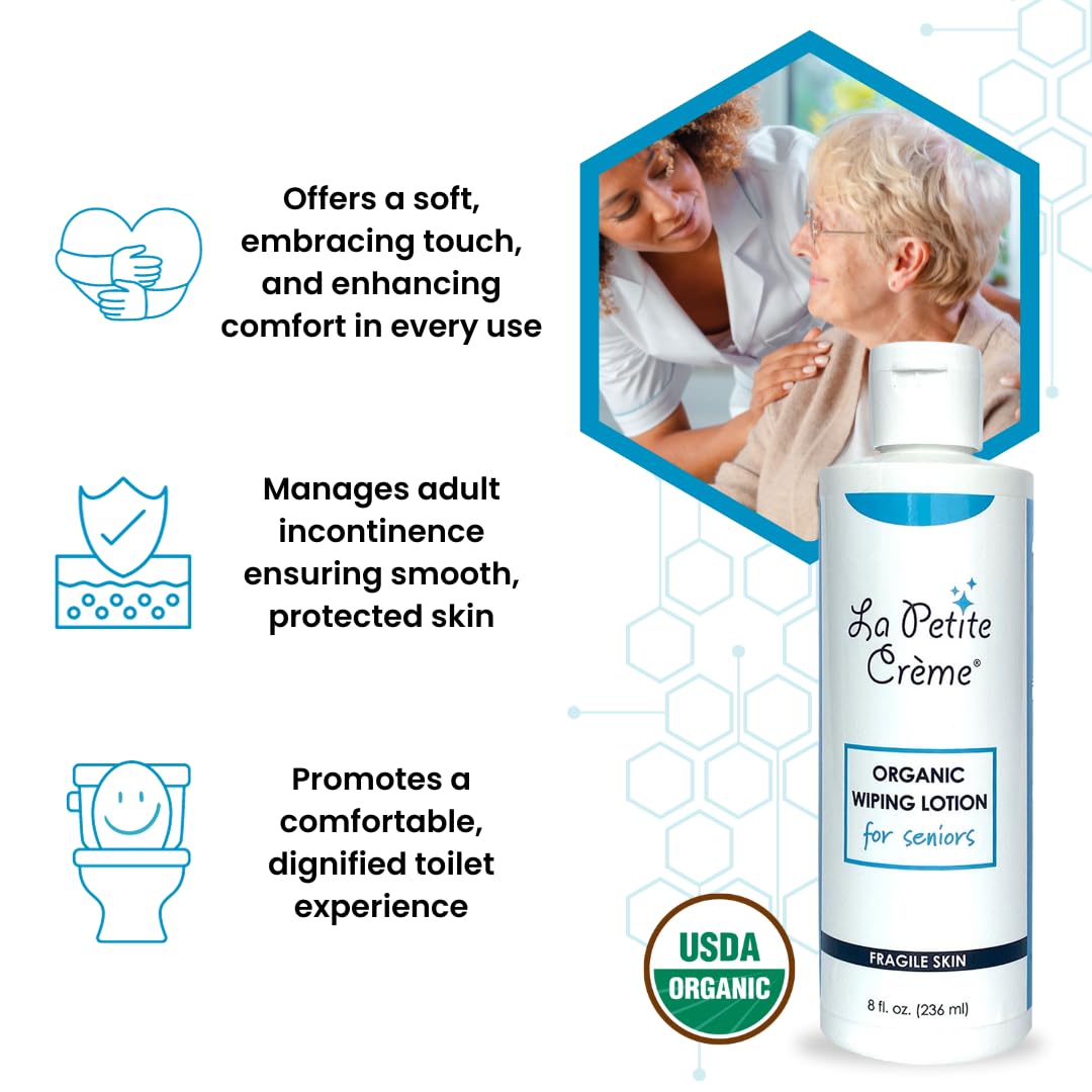 La Petite French Premium Liniment Wiping Lotion for Seniors (8 oz) - Alternative to Wet Wipes, Incontinence Lotion - Moisturizer & Skin Cleanser - USDA Organic Certified & EWG Verified