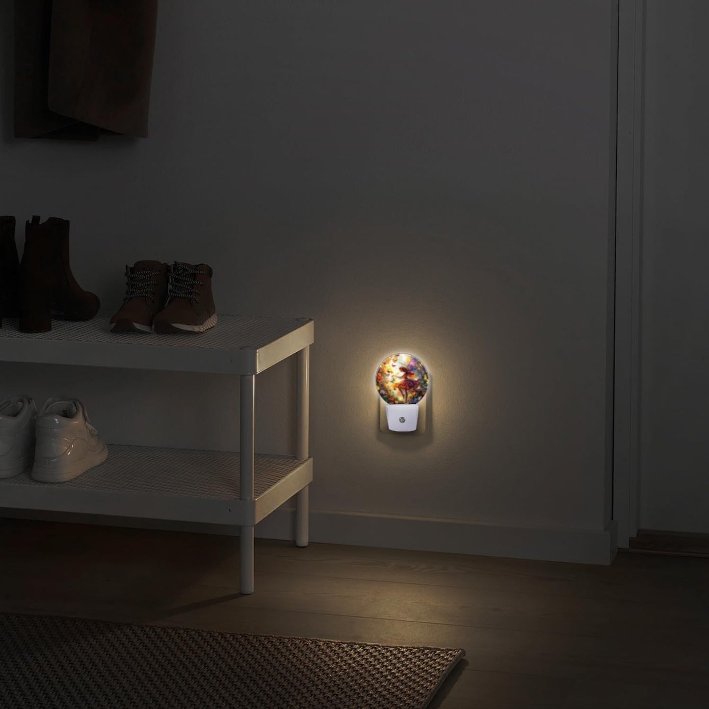 Round LED Night Lights Lamp with Dusk to Dawn Sensor, Beautiful Fairy with Colorful Wings Flying Night Light Plug Into Wall for Kids Room, Bedroom, Bathroom, Kitchen, Hallway