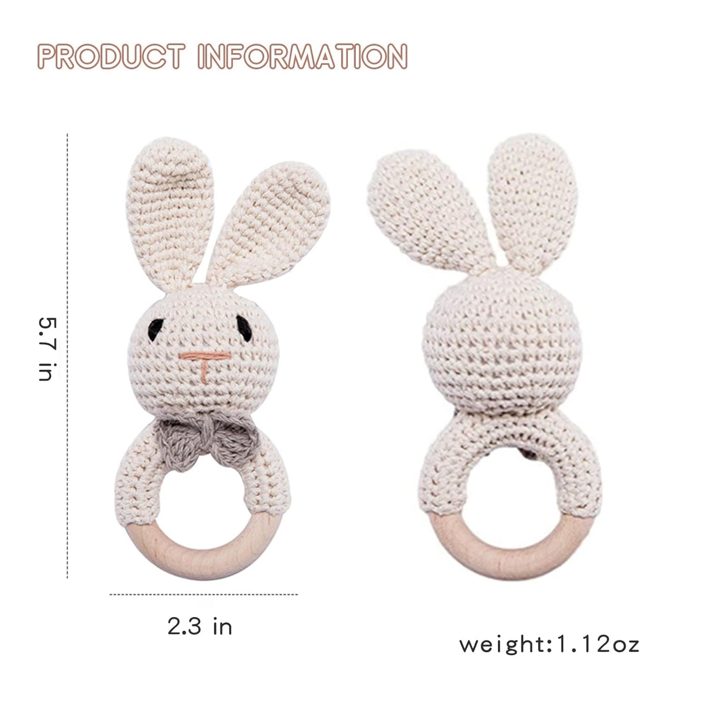 Youuys Wooden Baby Rattle Toys, Easter Bunny Rattle for Baby Crochet Bunny Rattle Toy Natural Wood, Shaker Rattle for Hand Grips, Boy Girl First Rattle Gift, Newborn Gifts (Bunny)
