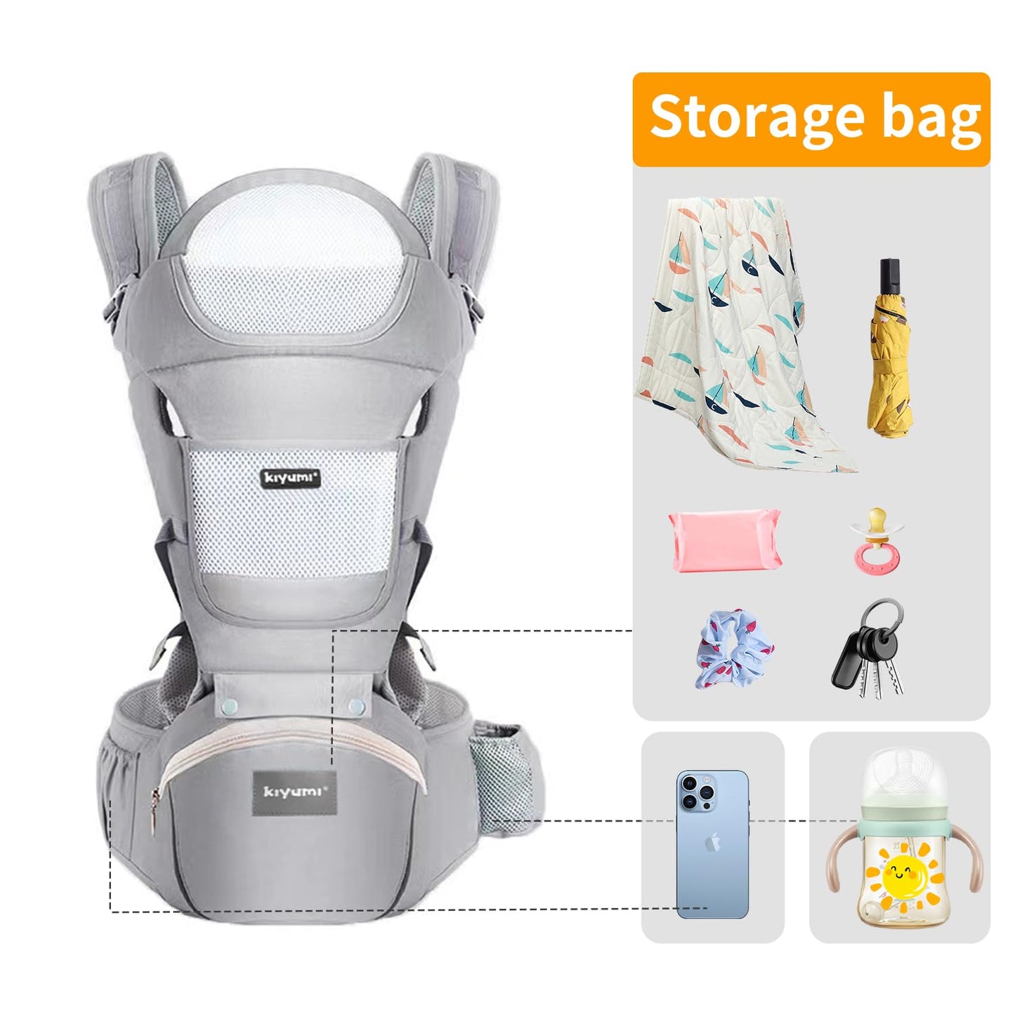KIYUMI Baby Carrier with Hip Seat, 6- in-1 Baby Carrier Newborn to Toddler, Ergonomic M Position, Head Support and Breathable Mesh,Adjustable Removable Baby Sling Carrier (7-45 lbs), Grey