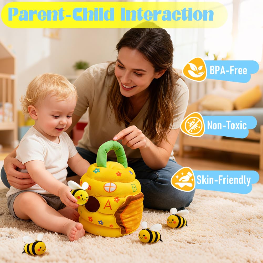 Bee Hive Baby Toys 6-12 Months, Soft Beehive with 5 Stuffed Bees, Crinkle, Rattles, Squeaker, Jingle Bells, Mirror, Montessori Toys Sensory Baby Shower Birthday Christmas Gift