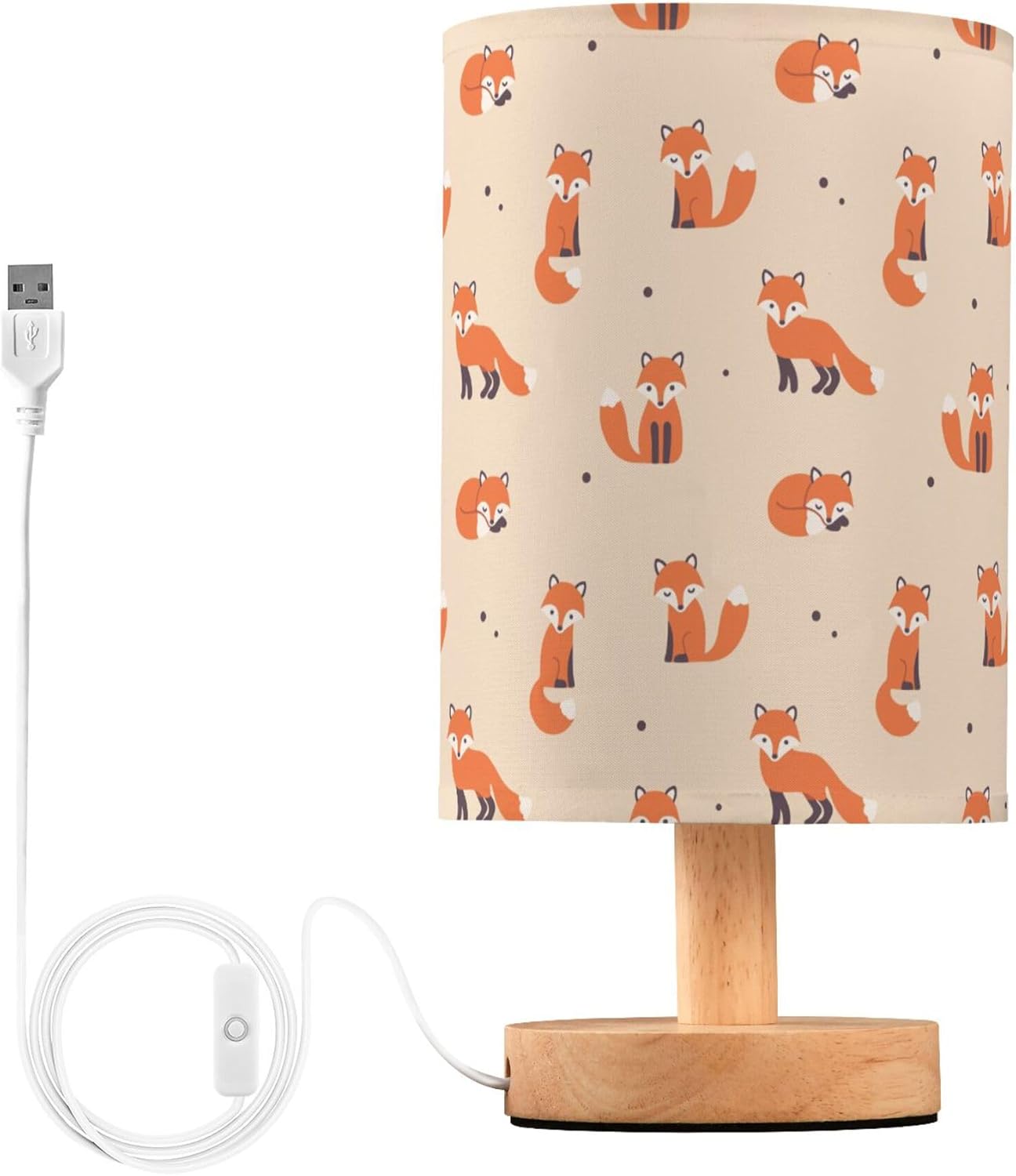 Table Lamp Cute Cartoon Fox with Dot Pattern on Beige Nightstand Lamp with Wood Base Fabric Lamp Shade Bedside Desk Lamp for Living Room Bedroom Kids Room Office