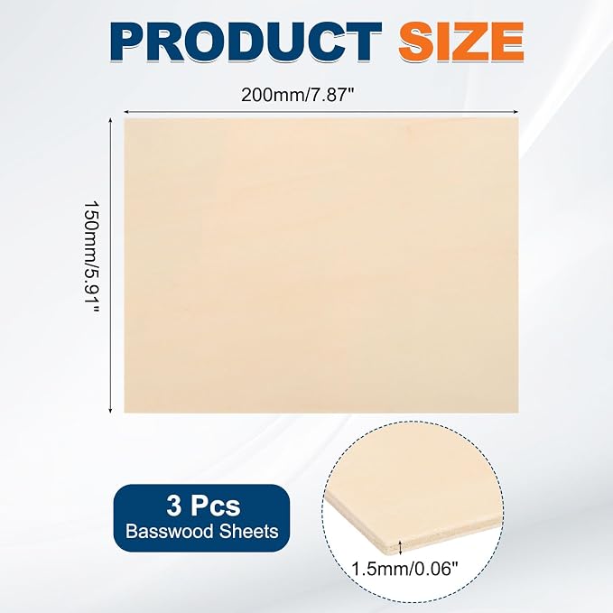 MECCANIXITY 3pcs Basswood Sheets 8 x 6 x 1/16 Inch Unfinished Wood Boards