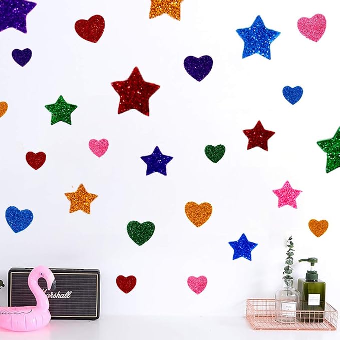 260 Pieces Colorful Glitter Foam Stickers Self Adhesive Stars Mini Heart Shapes