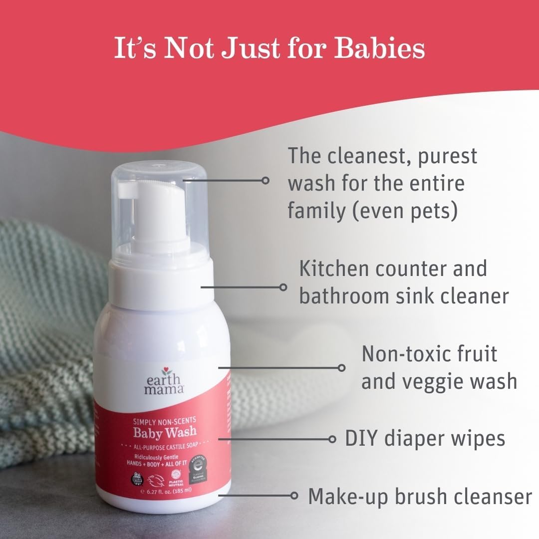 Earth Mama Baby Wash Liquid Foaming Hand Soap, Organic All-Purpose Body Wash for Sensitive Skin, Castile Soap with Coconut Oil, Shea Butter, Calendula, & Aloe, Unscented, 6.27 Fl Oz (Pack of 1)