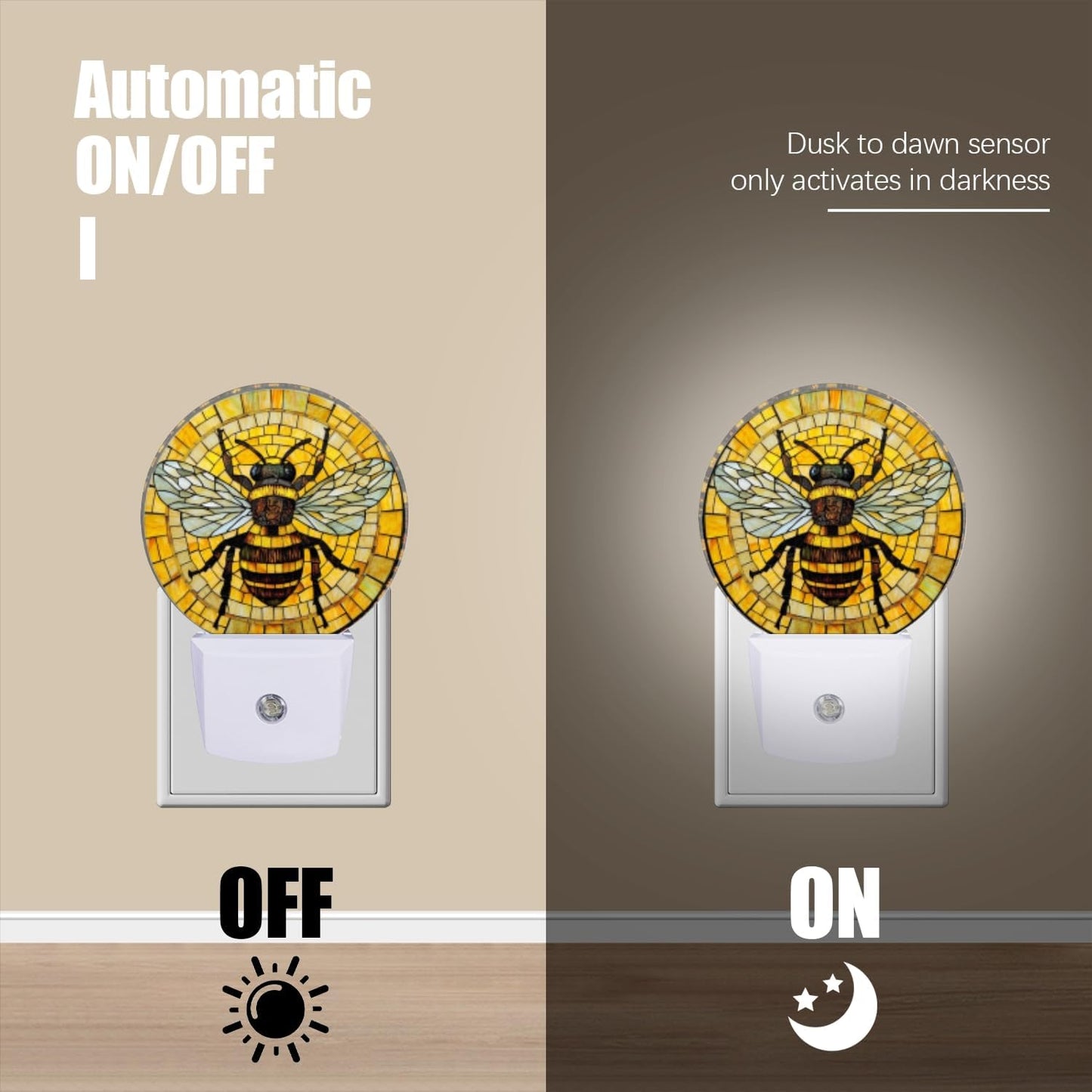 Round LED Night Lights Lamp with Dusk to Dawn Sensor, 3D Circular Stained Glass with Bumblebee Night Light Plug Into Wall for Kids Room, Bedroom, Bathroom, Kitchen, Hallway