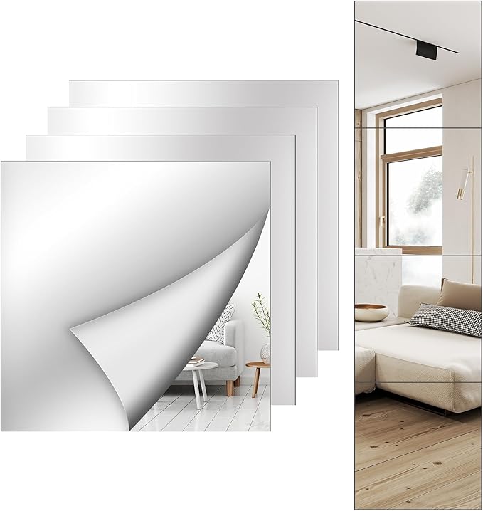 Shiftshade 4 Pack Wall Mirror Full Length, 12 x 12 Inch Acrylic Mirror Tiles
