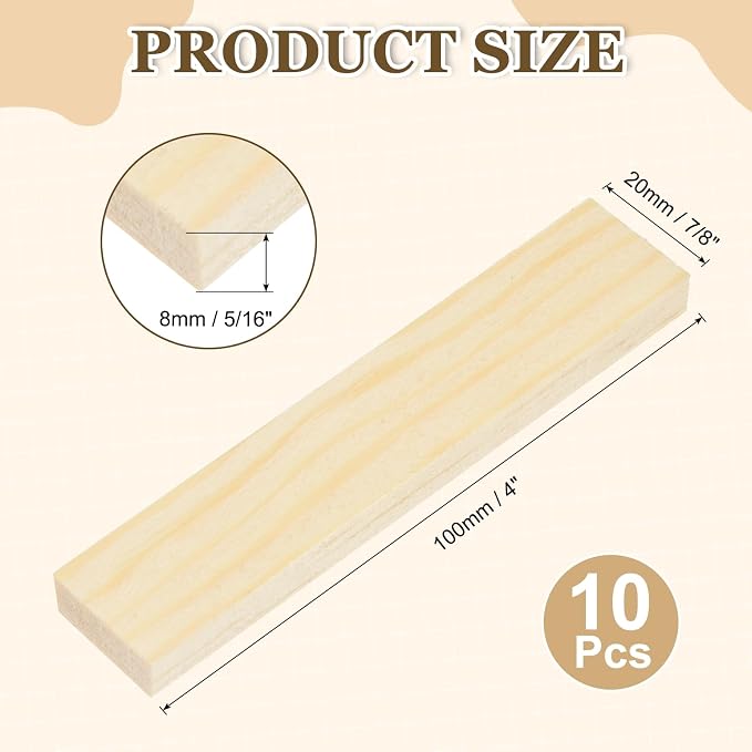 MECCANIXITY 10Pcs Wood Strips Slats, 5/16" x 7/8" x 4" Thin Wood Sticks Flat