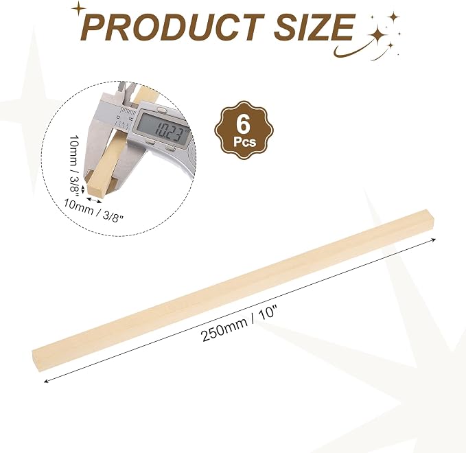 MECCANIXITY 6Pcs Basswood Sticks, 3/8" x 3/8" x 10" Square Wooden Dowel Rods
