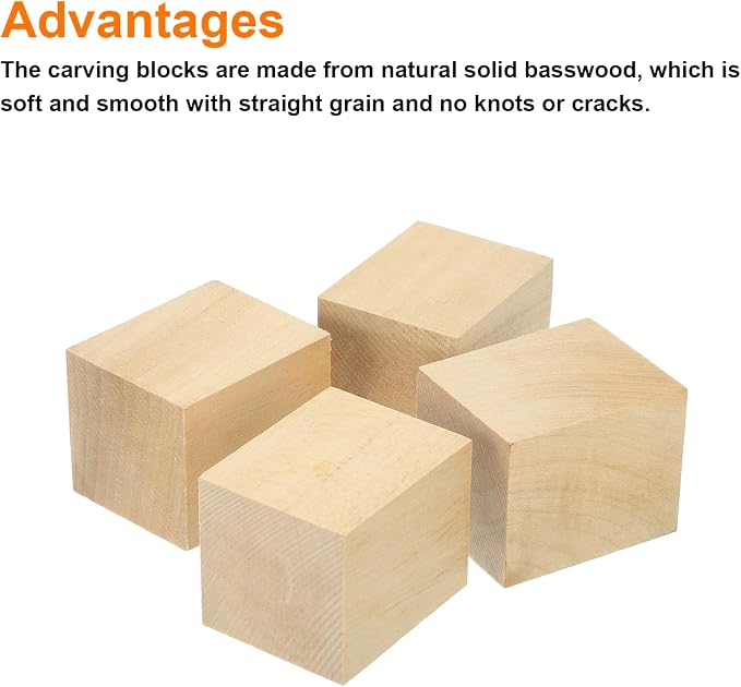 MECCANIXITY 4Pcs Basswood Carving Block, 1.6"x1.6"x2" Square Wooden Dowels