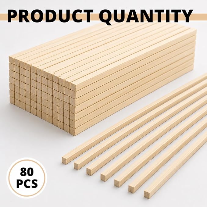 80PCS Square Basswood Dowel Rods 12 Inch – Unfinished Wood Dowels 1/4 Inch x 12