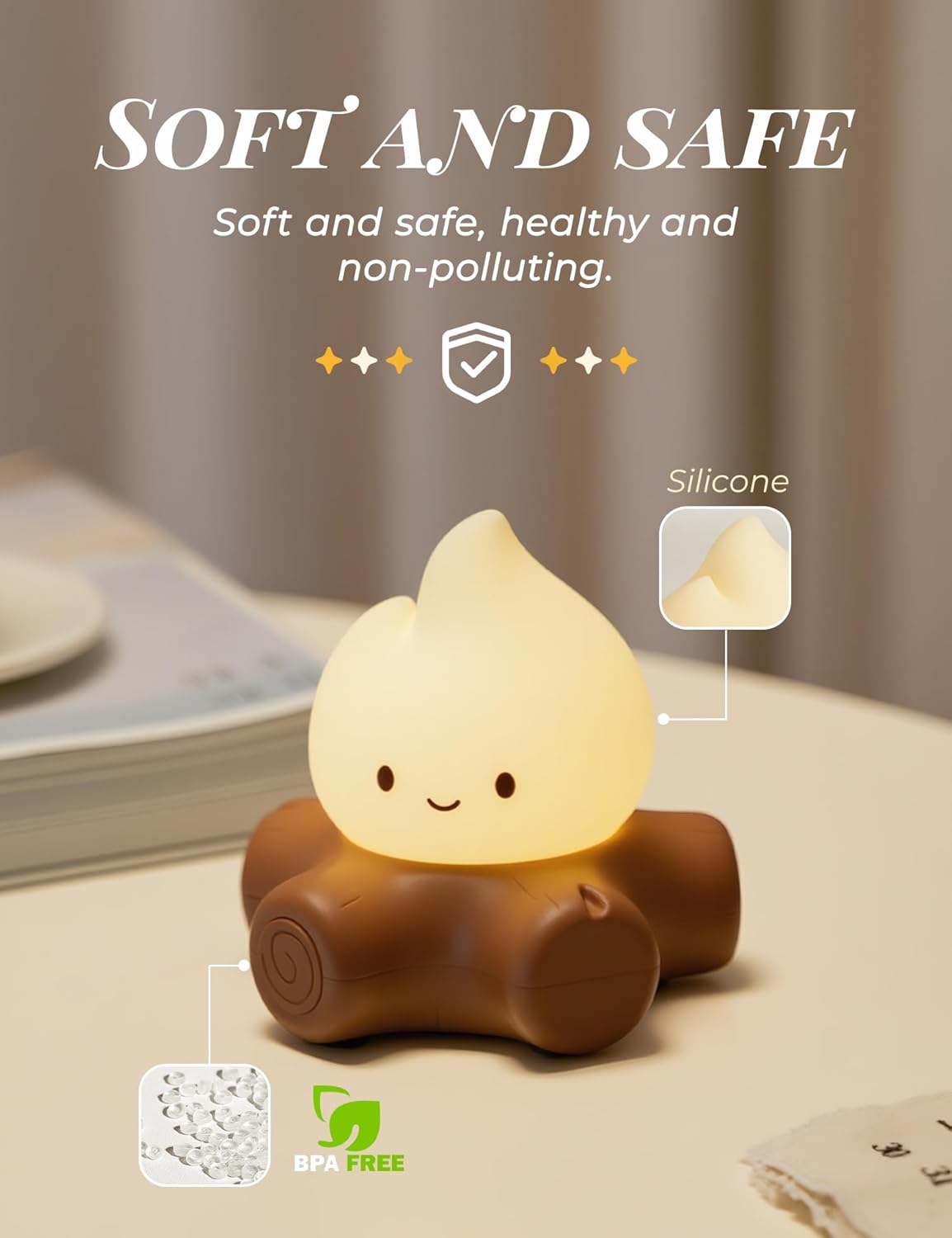 Chibi Campfire Night Light, Silicone, LED Light up Flame Lights, Dimmable, Rechargeable Bedside Nightlight, Baby Nursery Dorm Kawaii Lamp Décor