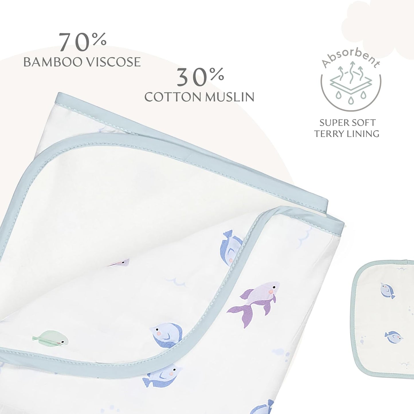 Bamboo Viscose Baby Hooded Towel & Washcloth Set for Babies and Toddlers, Soft & Absorbent, 70% Viscose from Bamboo, 30% Cotton Muslin - Imported (Fish)