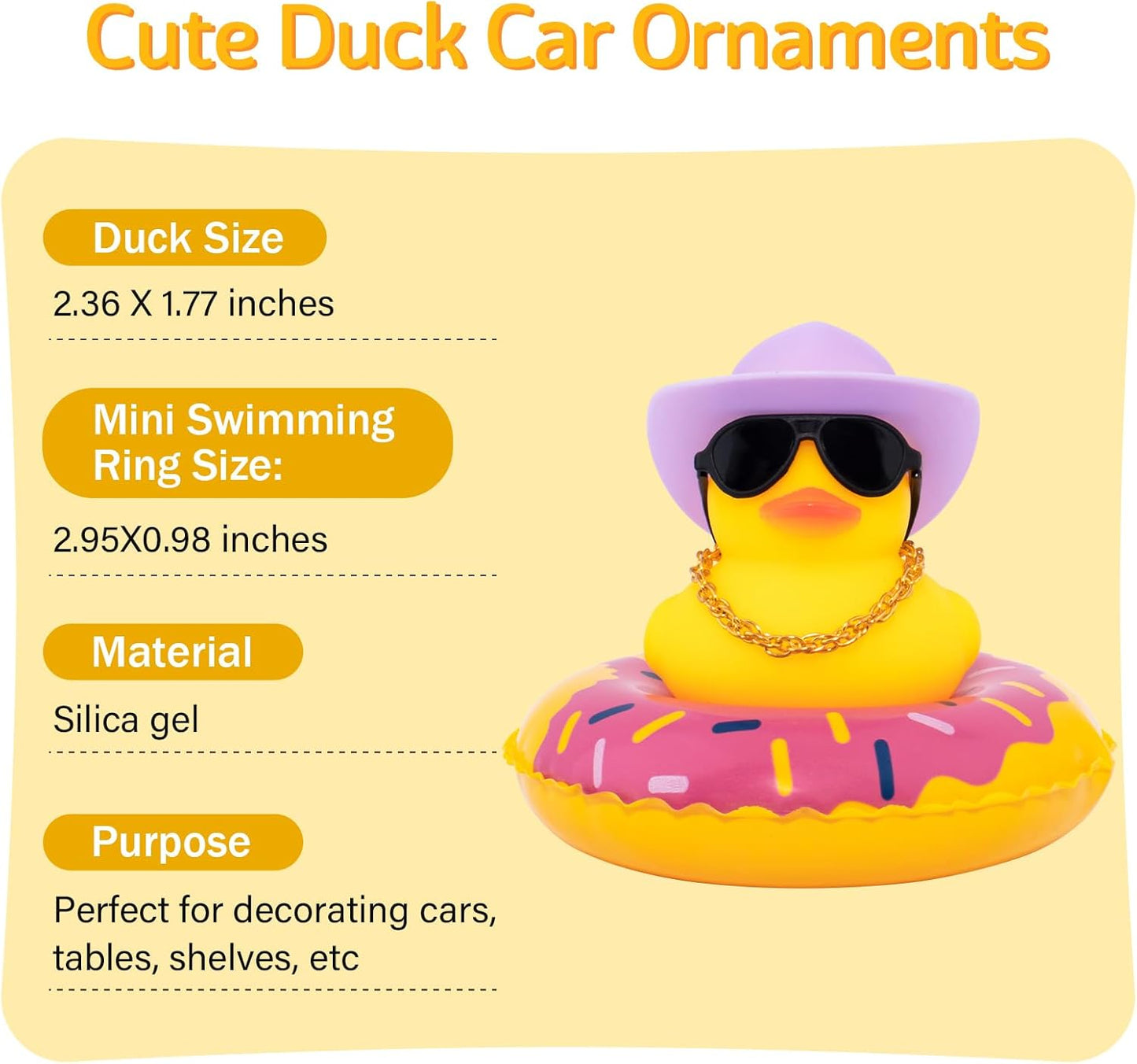 wonuu Car Rubber Duck, Yellow Duck Decoration Dashboard with Sun Hat Swim Ring Necklace Sunglasses for Car Dashboard Decorations, Purple Cowboy Hat-Purple Donut