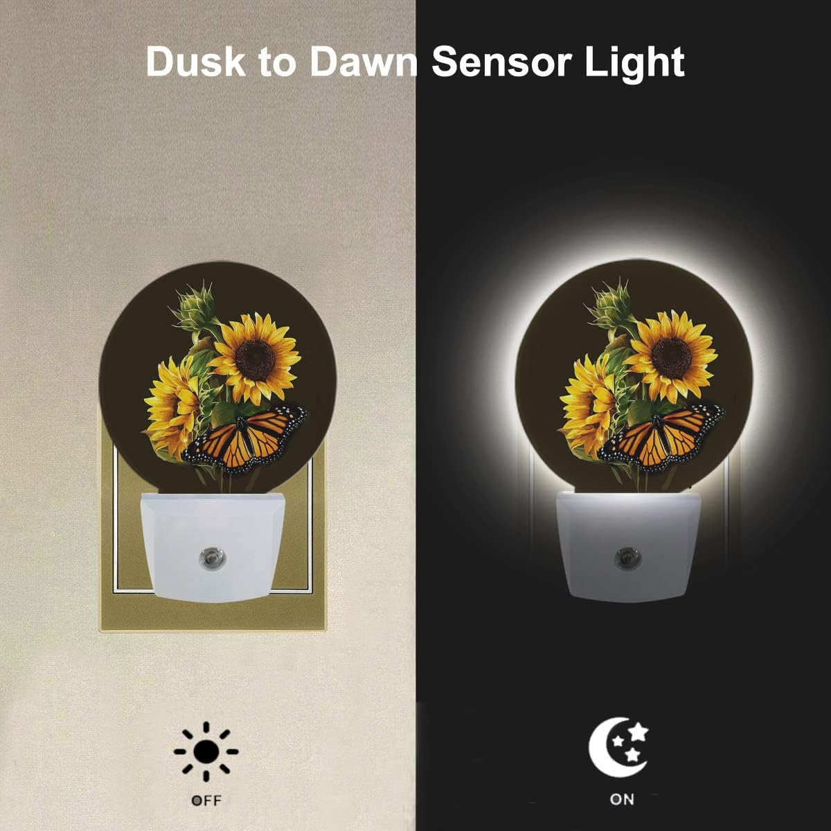 EKOBLA Night Light Sunflower and Butterfly Night Lights Plug into Wall for Boys Girls Led Night Light, Round Lamp Home LED Wall Decor Nightlight