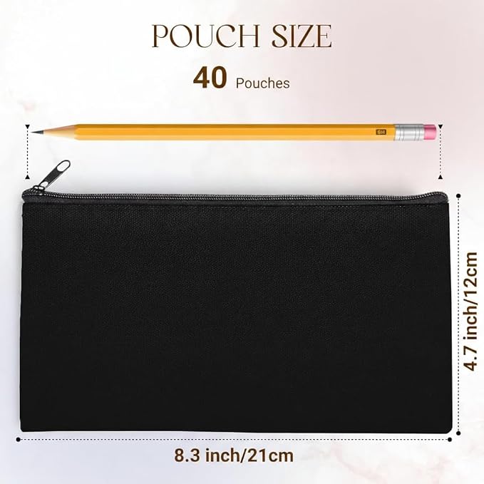 40 PCs 8.3x4.7 Black canvas Zipper Pouch, Makeup Bags Bulk Pencil Pouch