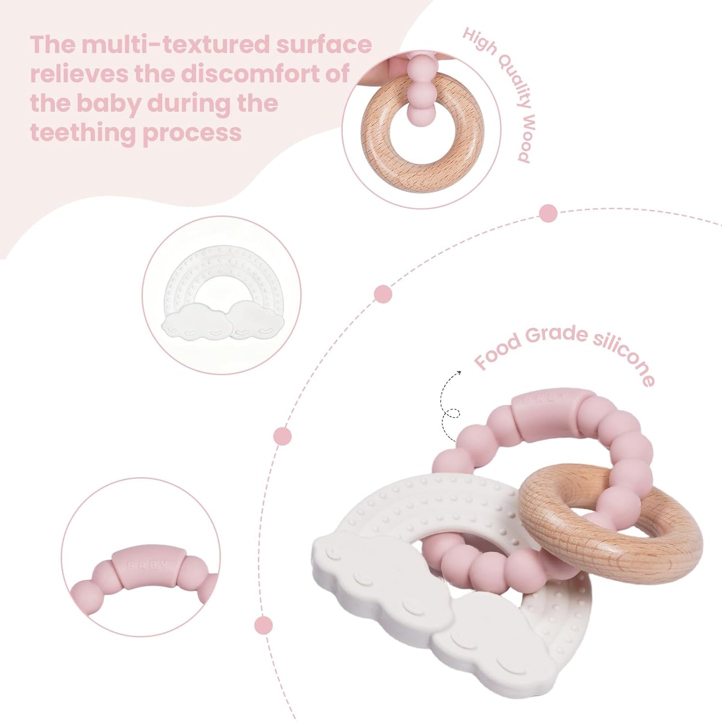 Baby Silicone and Wood Teether Ring Toy,Food Grade Silicone Chew Toys for 3-6,6-12,12-18 Months Newborns,Infants,Toddlers Teething Relief,Safe and Soft,BPA Free,Baby Essentials. (Rainbow)