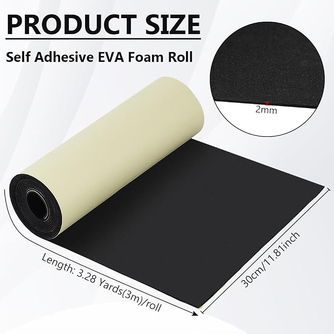 BENECREAT 118x11.8 Inch Black Self Adhesive EVA Foam Roll, 2mm Thick Adhesive