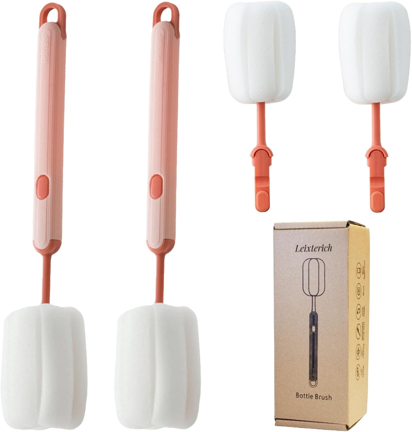 Bottle Brush Long Handle Cup Cleaner Brush Sponge Bottle Scrubber Detachable Handle Portable Sponge Cleaning Brush for Cups Wine Glasses Water Bottles Baby Bottles and Vacuum Flasks (Pink)