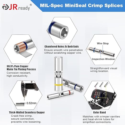 JRready ST6385-16-50 MiniSeal Crimp Splice 50Sets Blue Butt Splice Connectors 20-16 AWG (M81824/1-2) Wire-to-Wire Heat Shrink Butt Connector with Alternative Temp. PVDF/PE Tubes