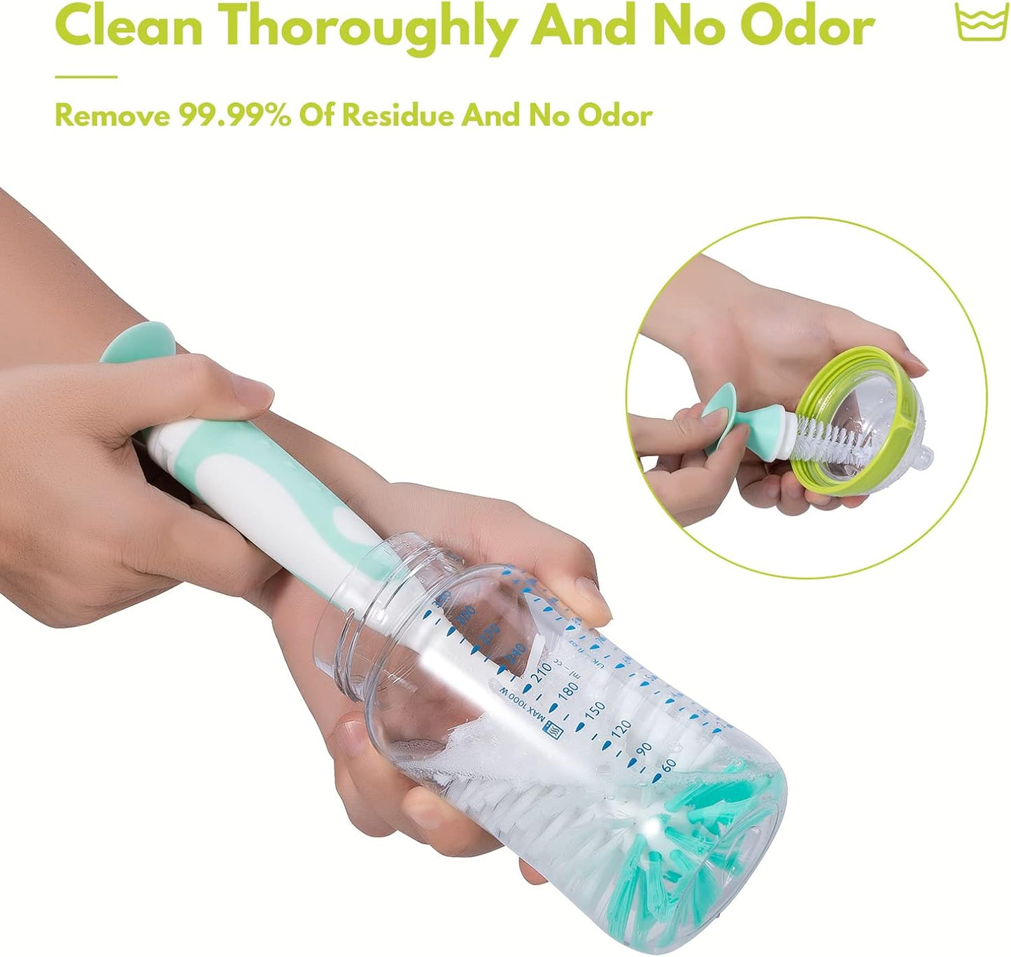 Baby Bottle Brush Set with Nipple Cleaner and Suction, 10.2" Cleaning Brush and 6.5" Sponge Bottle Brush with A Replacement Brush Head and Two 6.7" Straw Brushes, Pack of 5 (Green)