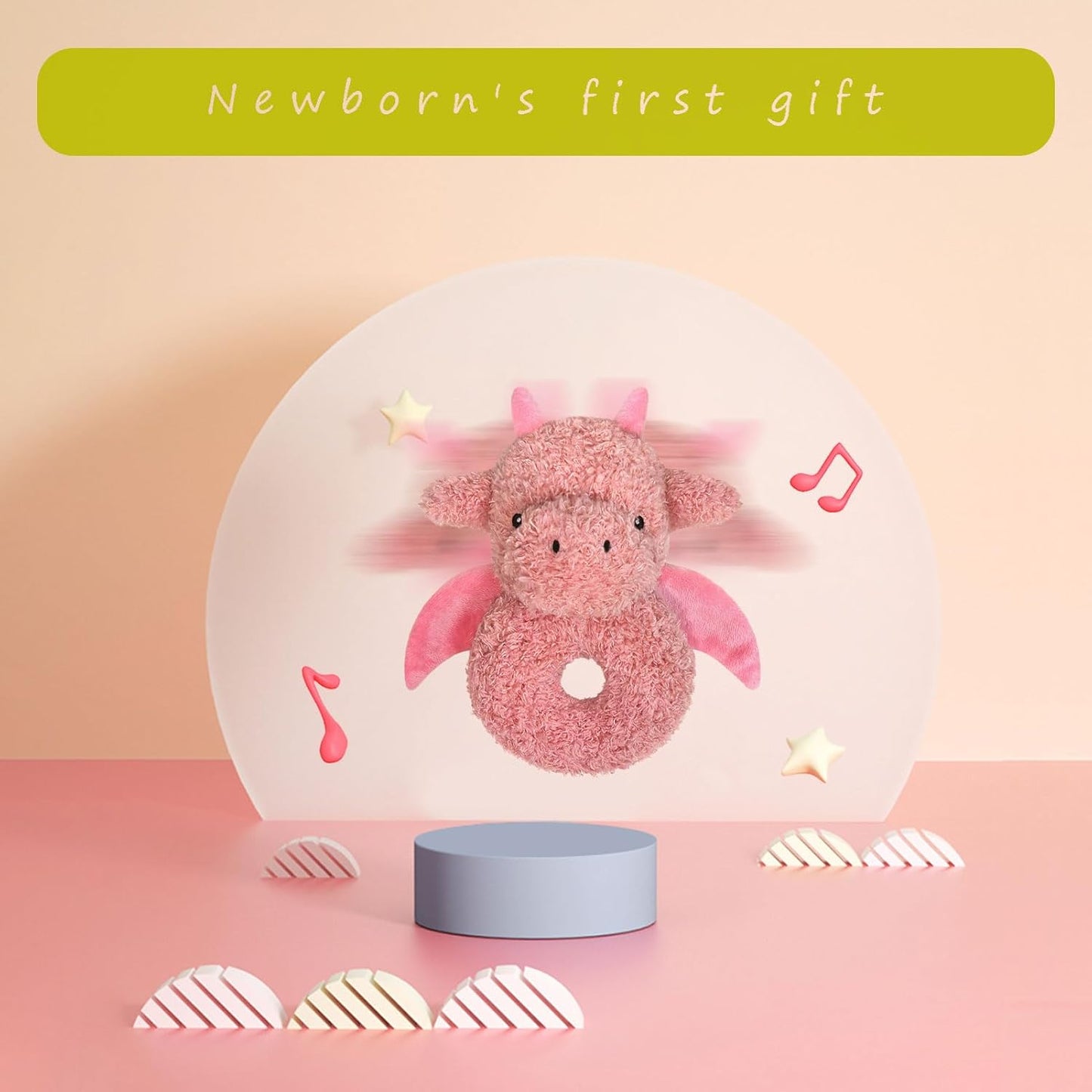 Baby Dragon Soft Rattle Toy, Plush Dinosaur Infant Shaker Rattle Easy-Grasp Stuffed Animal Toy, Gifts for Newborns Babies Toddlers Boys Girls, Pale Red, 6 Inches