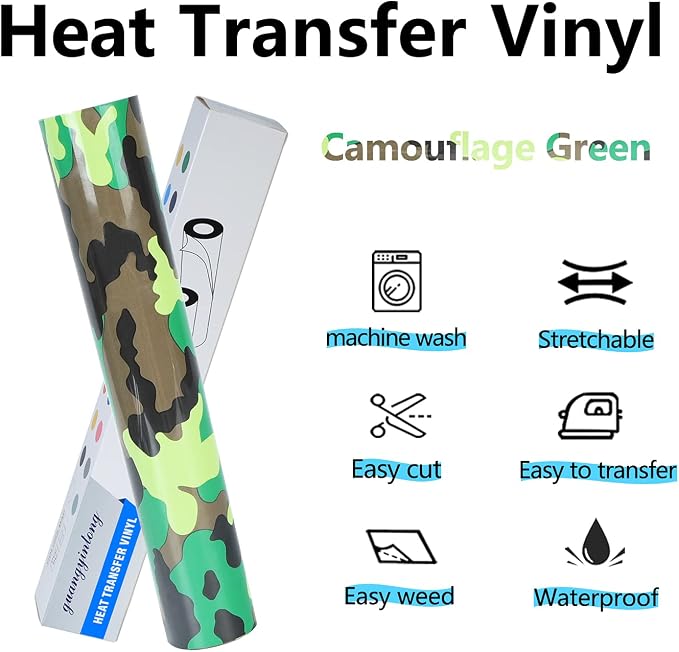 Guangyintong Camouflage Green Heat Transfer Vinyl HTV Rolls, Stretchy Thin Soft