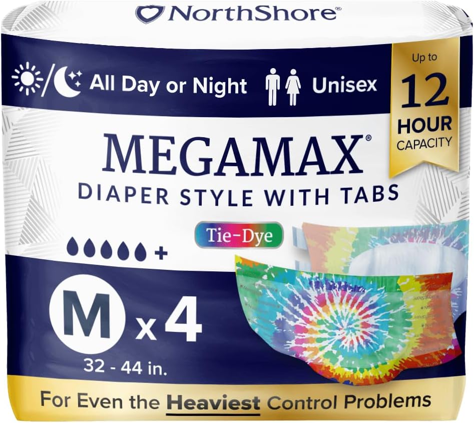 NorthShore MegaMax Adult Overnight Diapers, 12-Hour Tab-Style, Medium, 4 Count Starter Pack, Tie-Dye, 32-44 inches, Unisex Incontinence Underwear