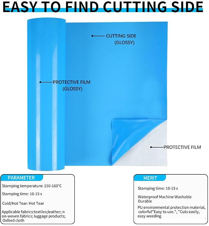 guangyintong Sky Blue Heat Transfer Vinyl HTV Rolls, Glossy Surface HTV Vinyl