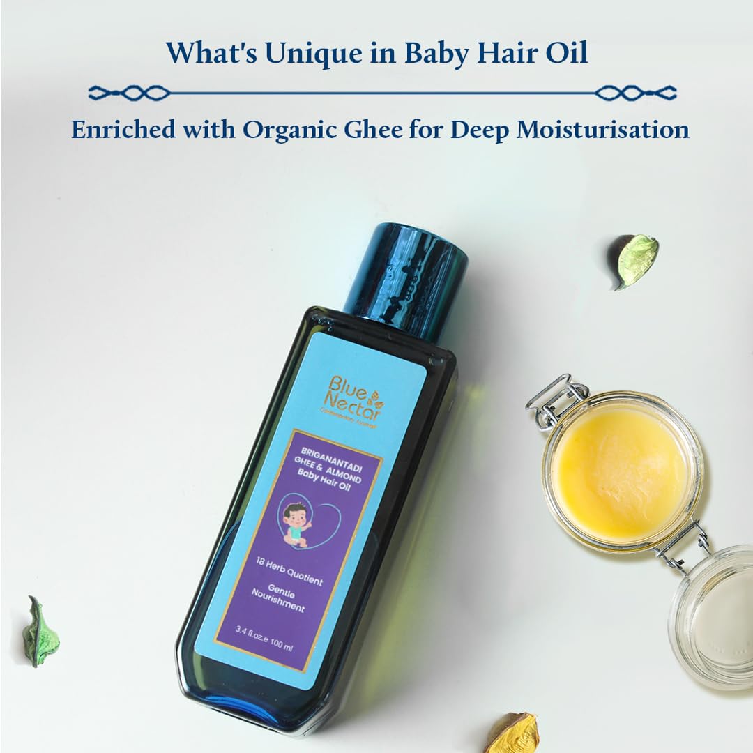 Blue Nectar Ayurveda Gentle Baby Oil for Newborn Skin Care -Moisturizing Baby Massage Oil(3.38 Fl Oz) Along with Baby Hair Oil with Organic Ghee, Almond Oil, Coconut Oil (3.38 Fl Oz)