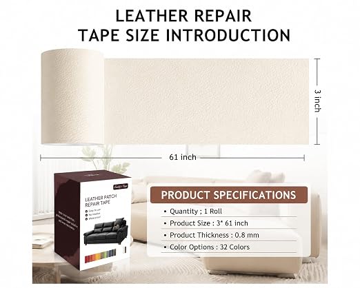 Leather Repair Patch Tape, Ivory 3 x 61 Inches Self Adhesive Leather Repair Kit