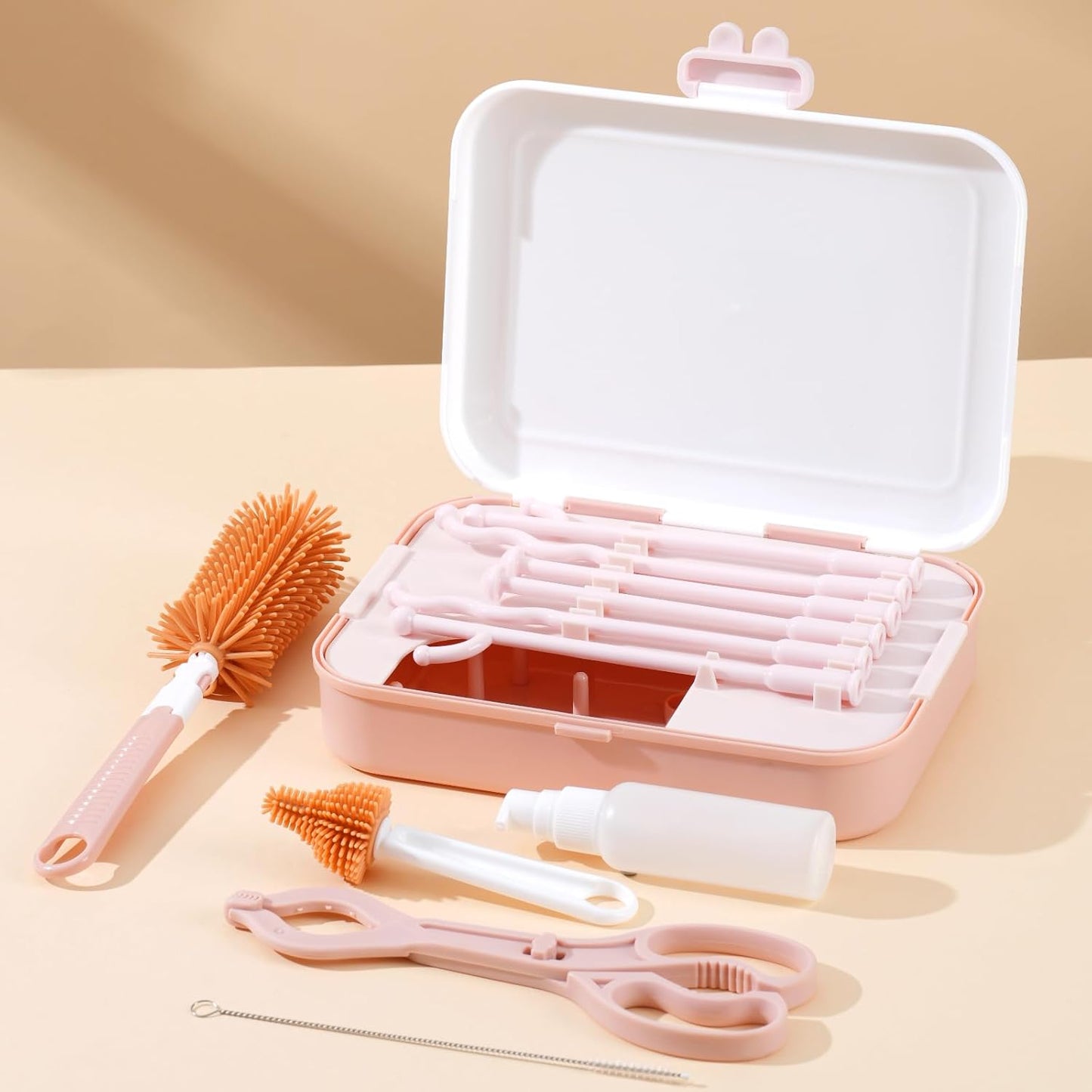8-in-1 Baby Bottle Cleaner Set, Nylon & Silicone Bottle Brush, Cap, Straw & Nipple Brushes, BPA-Free, Includes Storage Case & Drying Rack Pink -1