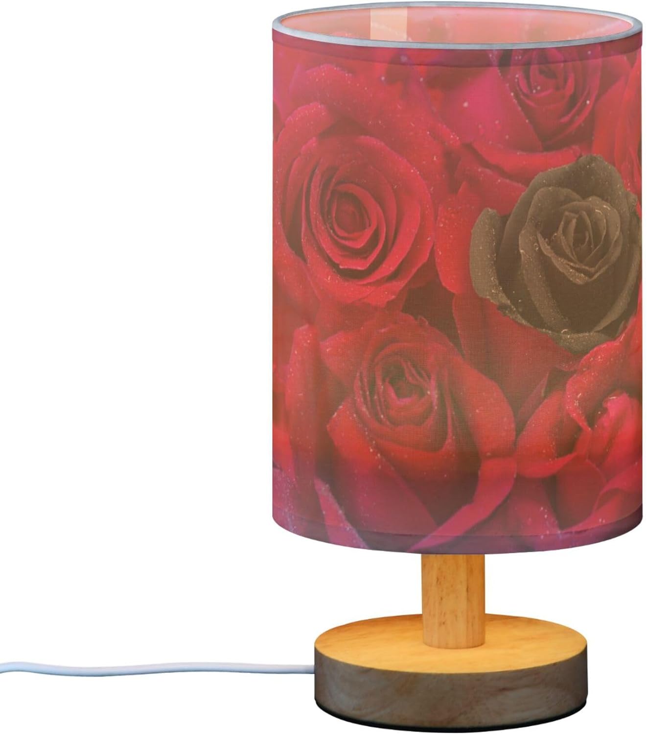 Table Lamp Black Rose in Red Roses Flower with Water Drops Valentines Day Nightstand Lamp with Wood Base Fabric Lamp Shade Bedside Desk Lamp for Living Room Bedroom Kids Room Office