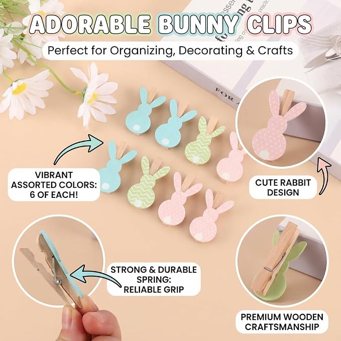 18 Pack Bunny Wooden Clothespins, Mini Clips Photo Clips