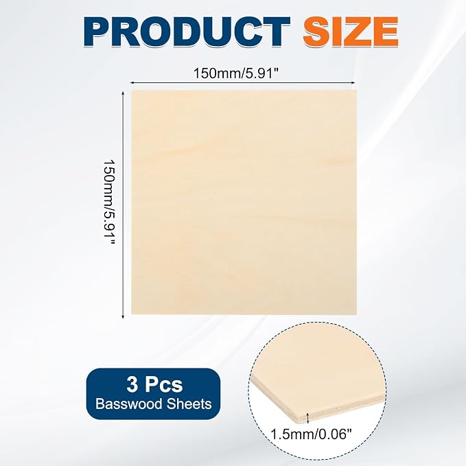 MECCANIXITY 3pcs Basswood Sheets 6 x 6 x 1/16 Inch Unfinished Wood Boards