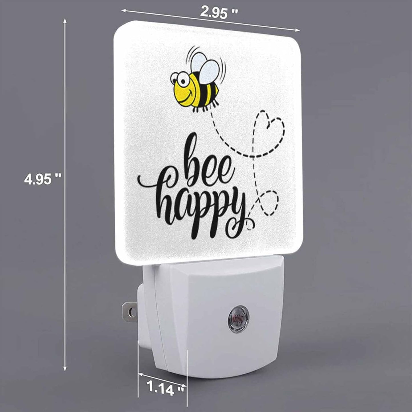 LED Night Light,Bee Happy Funny Text Quote Cute Fat Bee LED Night Light Plug into Wall with Dusk to Dawn Light Sensor White Energy Efficient Nightlight for Bedroom Bathroom Hallway Living Room Kitchen