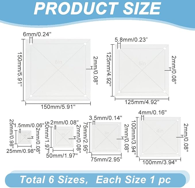 6Pcs Quilting Template Acrylic 0.98-5.91 Inch Clear Square Templates
