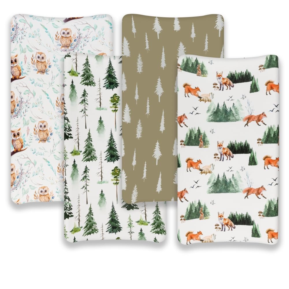 4 Pack Changing Pad Covers Woodland Forest Animals Wood Neutral Unisex Fitted Baby Changing Pad Cover Set for Baby Boys or Girls (Paint Fox)