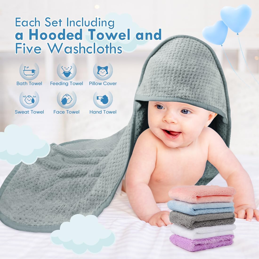 Orighty Baby Hooded Towel with Five Washcloths, 28 x 28 Inch Super Soft Bath Towel with Hood for Babies, Infant, Newborn Essential - Ideal Baby Stuff Registry for Boys and Girls (Grey)