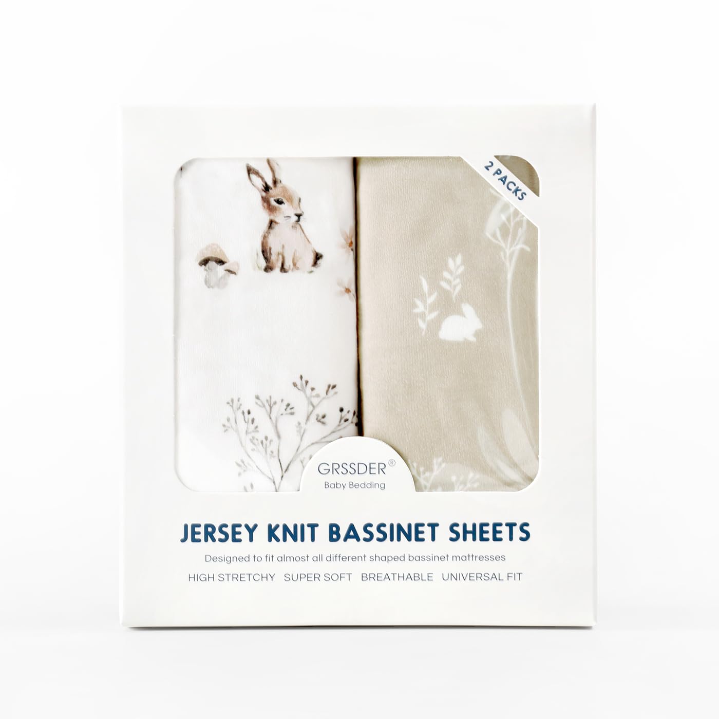 GRSSDER Stretch Ultra Soft Fitted Bassinet Sheet Set 2 Pack, Universal Fit for Bassinets Baby Cradle Moses Basket Oval Rectangle Mattress Safe and Snug, Stylish Watercolor Rabbit Pattern