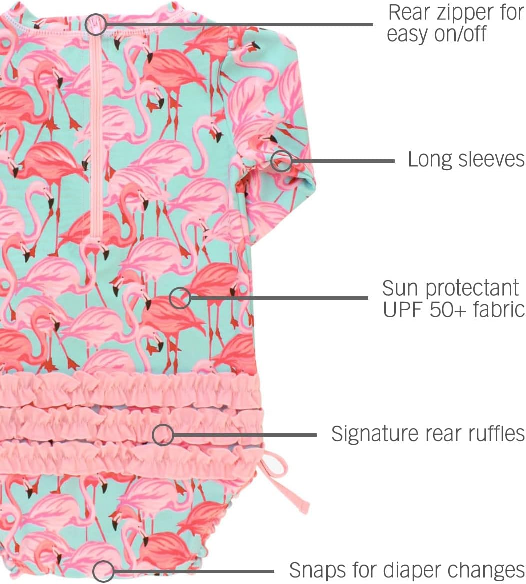 RuffleButts Baby Girls UPF 50+ Sun Protection Novelty Print Long Sleeve One Piece Rash Guard Swimsuit with Zipper