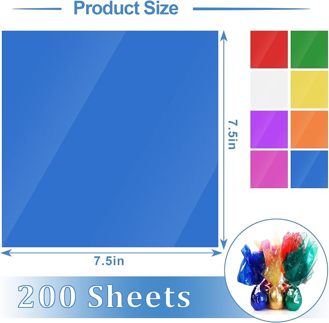 200 Pcs Colored Cellophane Sheets, Cellophane Wrap Paper Color Cello Sheets